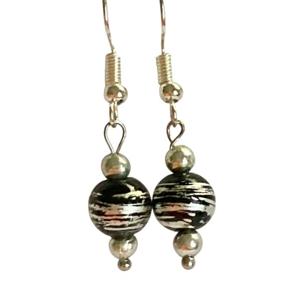 Murano Style Black Silver Art Glass Bead Earrings Plated Dainty Dangle Handmade - Picture 2 of 8